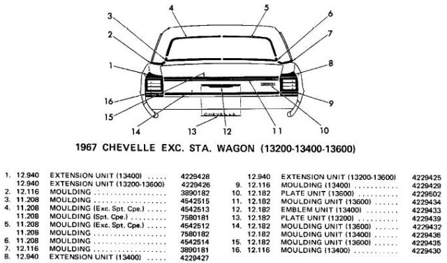 13200-13400-13600 Rear Body Moldings (except Station Wagon)