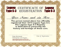 1974 Laguna Type S-3 Registry Certificate