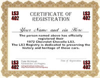 1972 LS3 Chevelle Registry Certificate