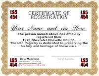 1970 Chevelle LS5 Certificate of Registration