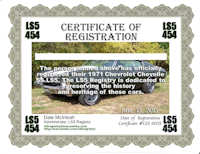 1971 LS5 Chevelle Registry Certificate