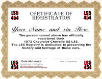 1972 Chevelle LS5 Certificate of Registration