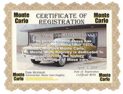1972 Monte Carlo Registry Certificate