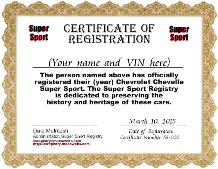 Super Sport Registry Certificate