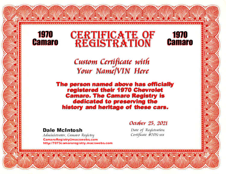 Camaro Registry Certificate