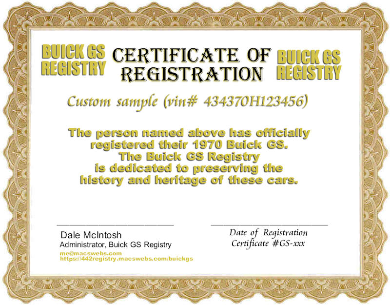 Buick GS Registry Certificate