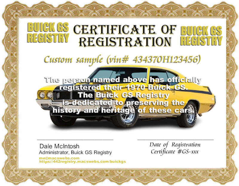 Buick GS Registry Certificate