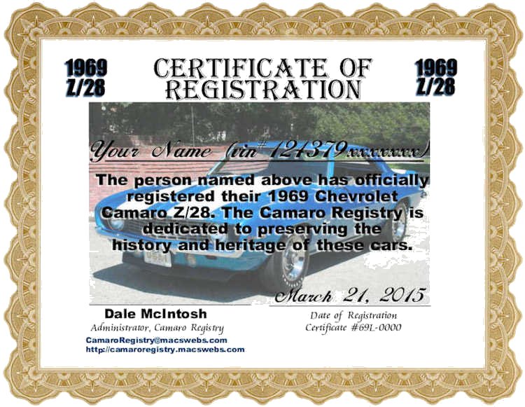 Camaro Registry Certificate