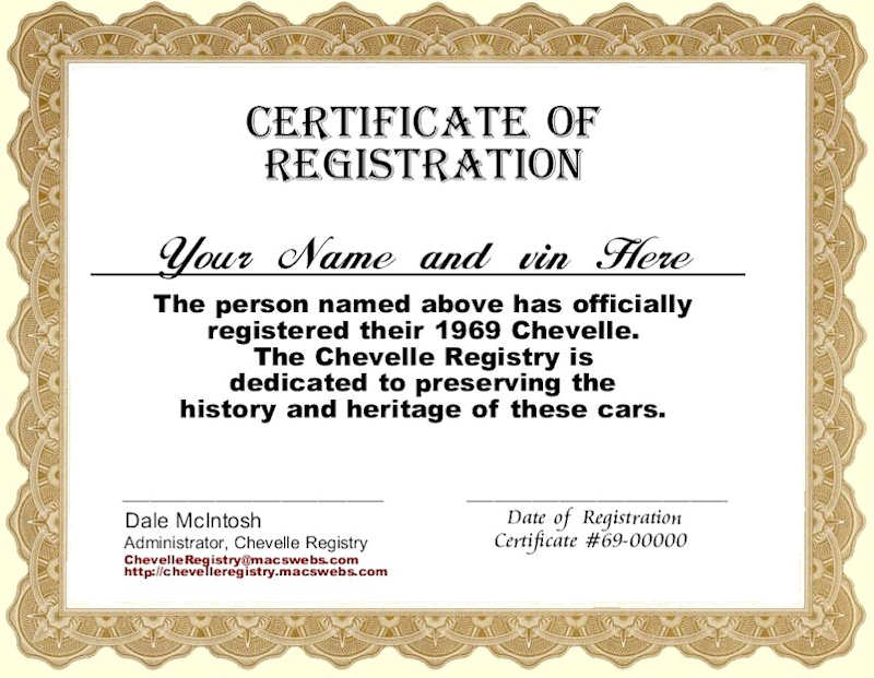 Chevelle Registry Certificate