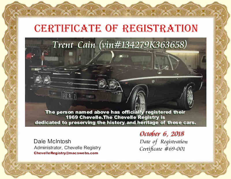 Chevelle Registry Certificate