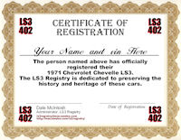 1971 LS3 Chevelle Registry Certificate