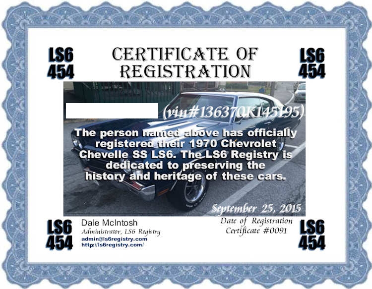 LS6 Registry Certificate