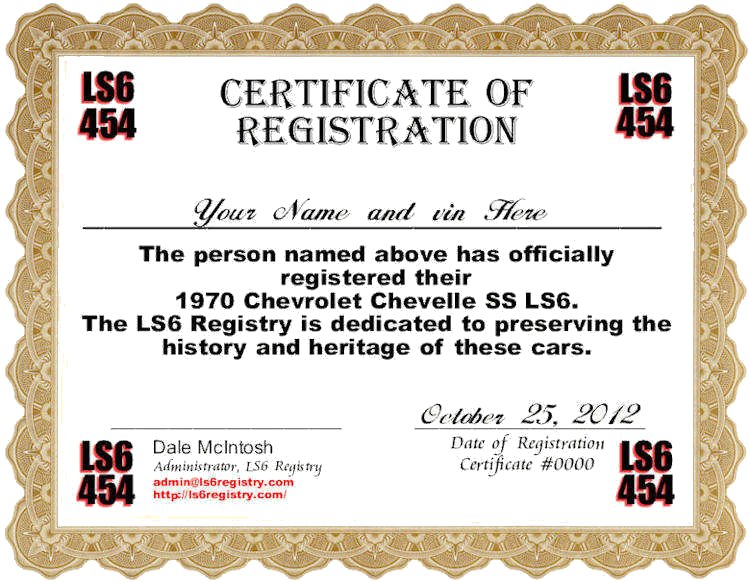 LS6 Registry Certificate